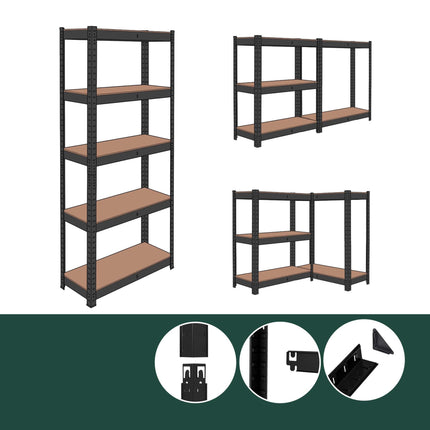 Industrial Heavy-Duty Shelf, 5 Wood-Effect Shelves, 100 kg per Shelf, Black