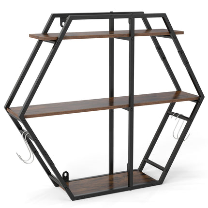 Industrial Hexagon Wall Shelf – 3-Tier with Hooks