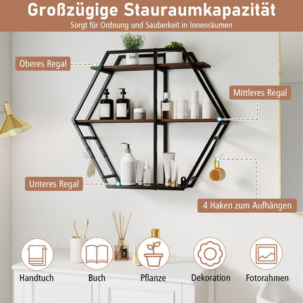 Industrial Hexagon Wall Shelf – 3-Tier with Hooks