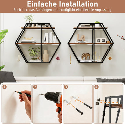 Industrial Hexagon Wall Shelf – 3-Tier with Hooks