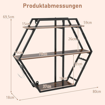 Industrial Hexagon Wall Shelf – 3-Tier with Hooks