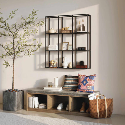 Industrial Metal Wall Shelf with 9 Compartments, Black