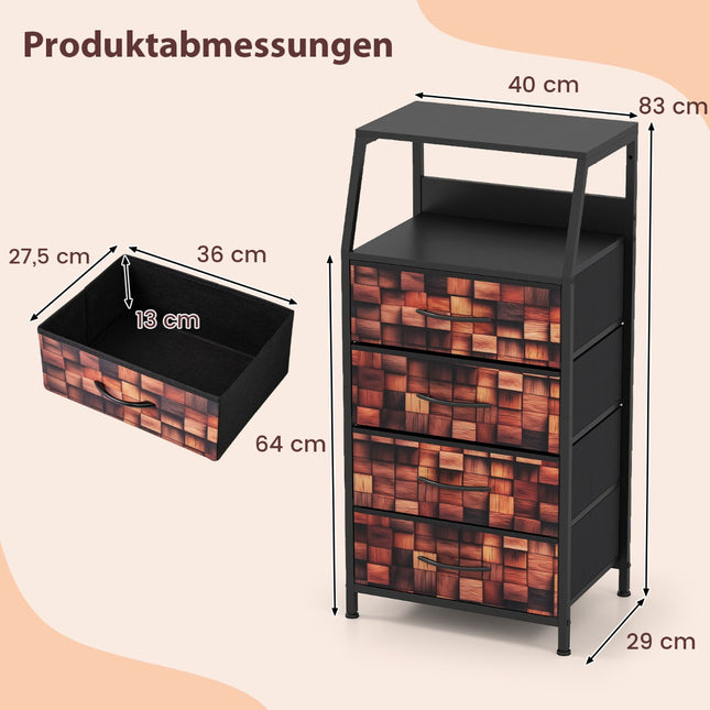 Industrieel nachtkastje met 4 stoffen lades en open plank.