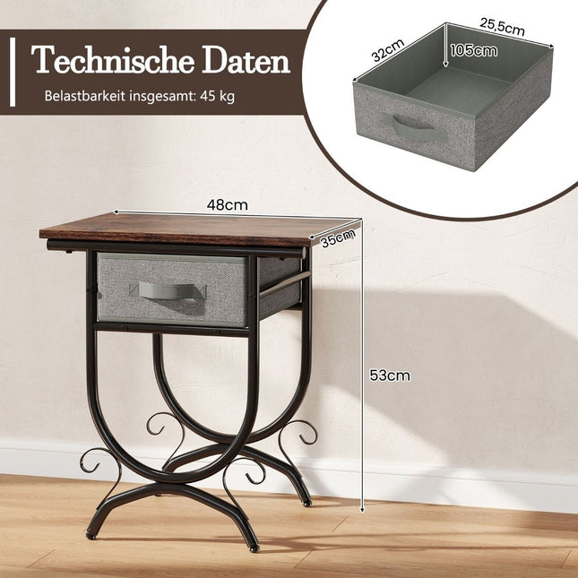 Industrie-Nachttisch mit Stoffschublade – Metallrahmen, 48x35x53 cm