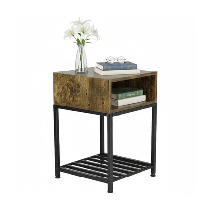 Industrial Nightstand with Open Shelf and Grid Storage