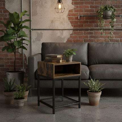 Industrial Nightstand with Open Shelf and Grid Storage