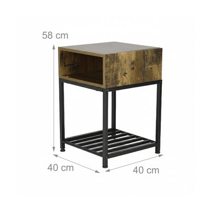 Industrial Nightstand with Open Shelf and Grid Storage