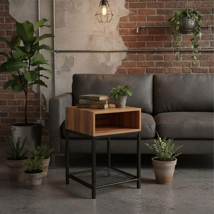 Industrial Nightstand with Open Shelf and Grid Storage
