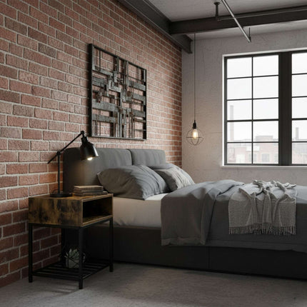 Industrial Nightstand with Open Shelf and Grid Storage