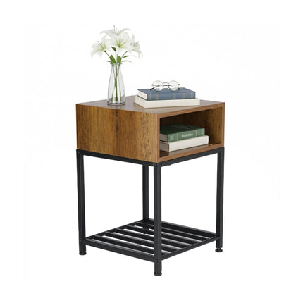 Industrial Nightstand with Open Shelf and Grid Storage