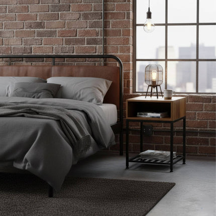 Industrial Nightstand with Open Shelf and Grid Storage
