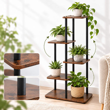 Industrial Plant Stand with 5 Shelves, Metal and MDF, 86 x 48 x 24 cm