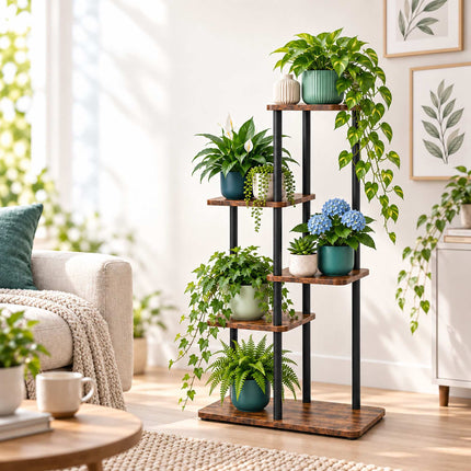 Industrial Plant Stand with 5 Shelves, Metal and MDF, 86 x 48 x 24 cm