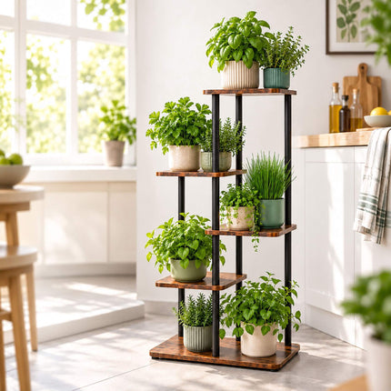 Industrial Plant Stand with 5 Shelves, Metal and MDF, 86 x 48 x 24 cm