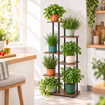 Industrial Plant Stand with 6 Shelves, Metal and MDF, 107 x 48 x 24 cm