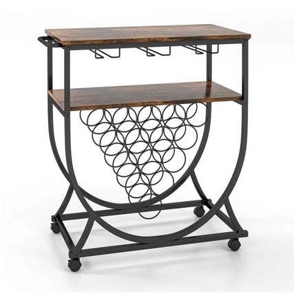 Industrial Rolling Bar Cart – 15-Bottle Wine Rack, Glass Holders