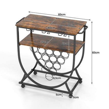 Industrial Rolling Bar Cart – 15-Bottle Wine Rack, Glass Holders