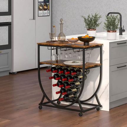 Industrial Rolling Bar Cart – 15-Bottle Wine Rack, Glass Holders