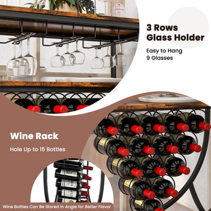 Industrial Rolling Bar Cart – 15-Bottle Wine Rack, Glass Holders