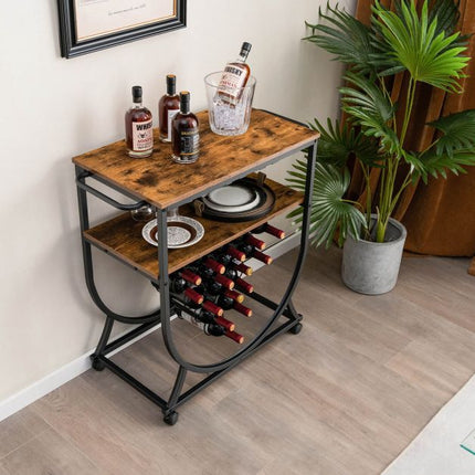 Industrial Rolling Bar Cart – 15-Bottle Wine Rack, Glass Holders