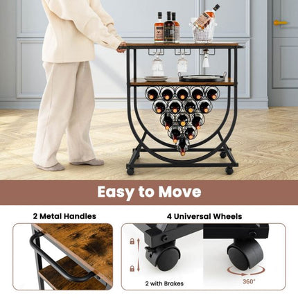 Industrial Rolling Bar Cart – 15-Bottle Wine Rack, Glass Holders