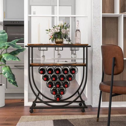 Industrial Rolling Bar Cart – 15-Bottle Wine Rack, Glass Holders