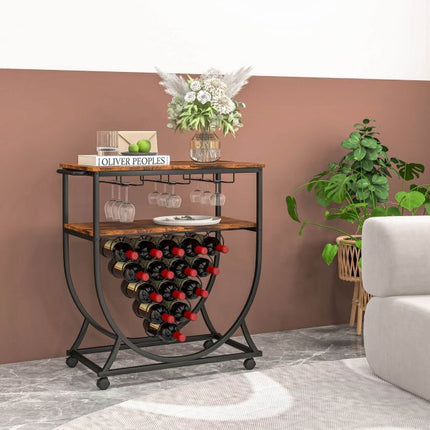 Industrial Rolling Bar Cart – 15-Bottle Wine Rack, Glass Holders