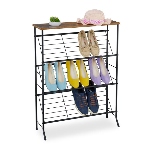 Industrial Shoe Rack, 3-Tier Metal Shelves, 9 Pairs