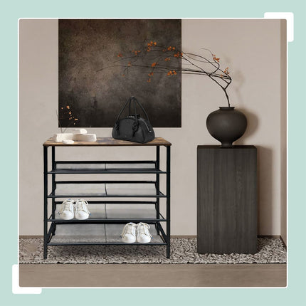 Industrial Shoe Rack with Grid Shelves – Iron, Wood Finish