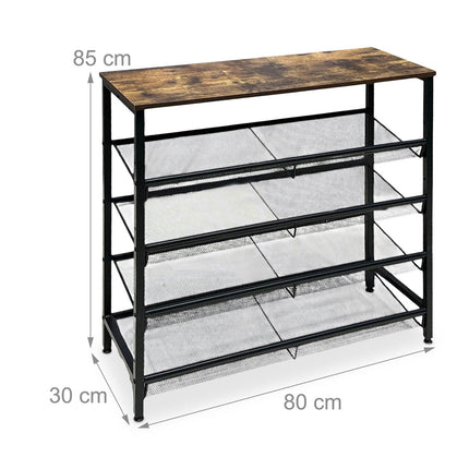 Industrial Shoe Rack with Grid Shelves – Iron, Wood Finish