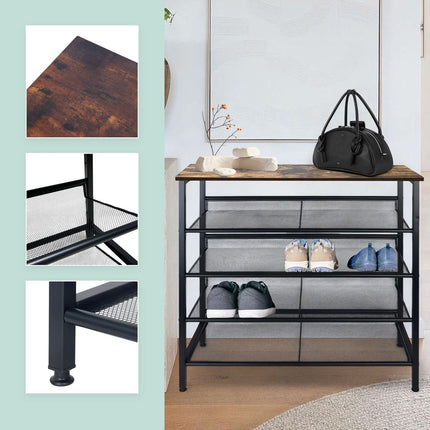 Industrial Shoe Rack with Grid Shelves – Iron, Wood Finish
