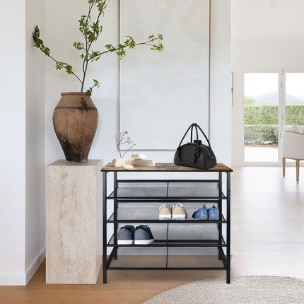 Industrial Shoe Rack with Grid Shelves – Iron, Wood Finish