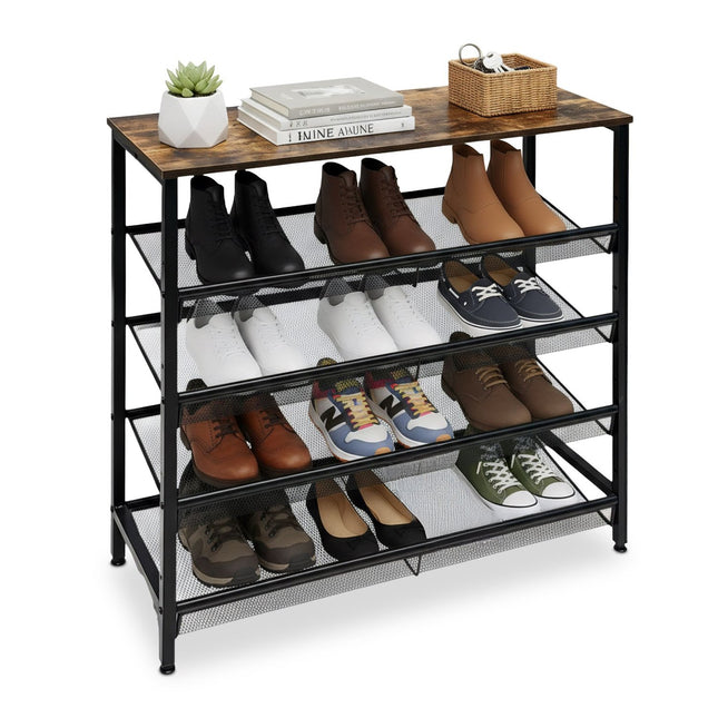 Industrial Shoe Rack with Grid Shelves – Iron, Wood Finish