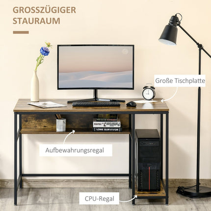 Industrieller Computertisch mit Regalen, rustikales Braun