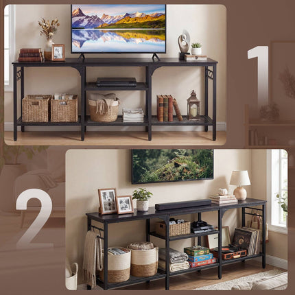 Industrial TV Stand for 65 Inch TVs with Mesh Shelves, Black, 4 Hooks