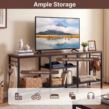 Industrial TV Stand for 65 Inch TVs with Mesh Shelves, Rustic Brown, 4 Hooks