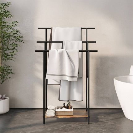 Industrieller Handtuchständer mit Ablage – Schwarzes Metall, Holzoptik