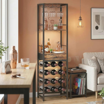 Industrieller Weinbarschrank mit Schublade, Rustikales Braun, Flaschenregal für 12 Flaschen