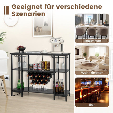Industrieel wijnrek met glazenhouder, planken en voetstukken voor 15 wijnflessen, wijnkast grijs