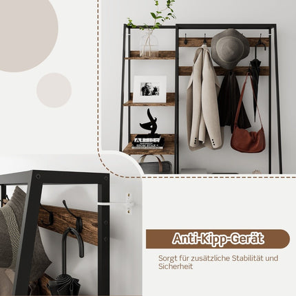 Industrial coat rack with shoe bench for the entrance area 122x40x180 cm Rustic brown