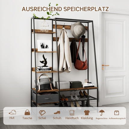Industrial coat rack with shoe bench for the entrance area 122x40x180 cm Rustic brown