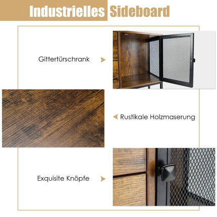 Industrielles multifunktionales Sideboard mit 2 Gitterschränken und 2 Schubladen 100 x 35 x 85 cm