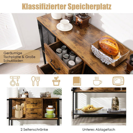 Industrielles multifunktionales Sideboard mit 2 Gitterschränken und 2 Schubladen 100 x 35 x 85 cm