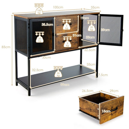 Industrielles multifunktionales Sideboard mit 2 Gitterschränken und 2 Schubladen 100 x 35 x 85 cm