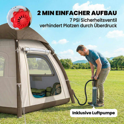 Inflatable 3-Person Camping Tent with Pump & Mesh Roof
