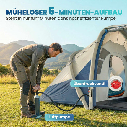 Aufblasbares 4-Personen-Zelt, schneller Aufbau, 2 Schlafzimmer