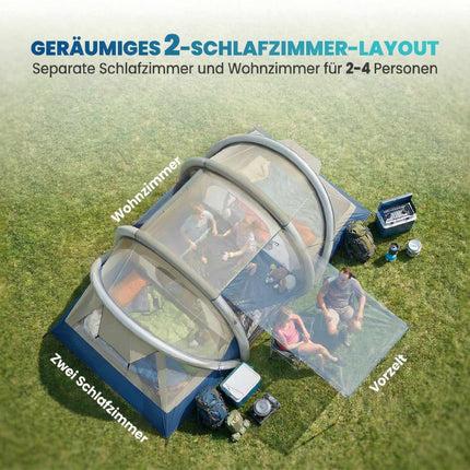 Aufblasbares 4-Personen-Zelt, schneller Aufbau, 2 Schlafzimmer