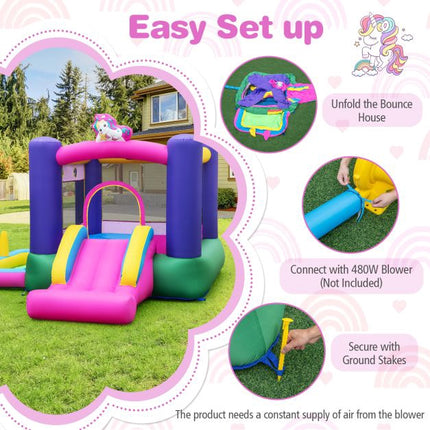 Inflatable Bounce House with Slide, Splash Pool, Basketball Hoop