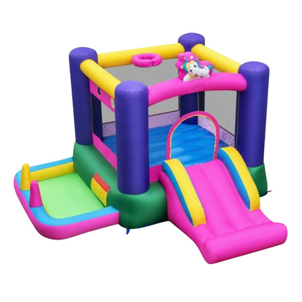 Inflatable Bounce House with Slide, Splash Pool, Basketball Hoop