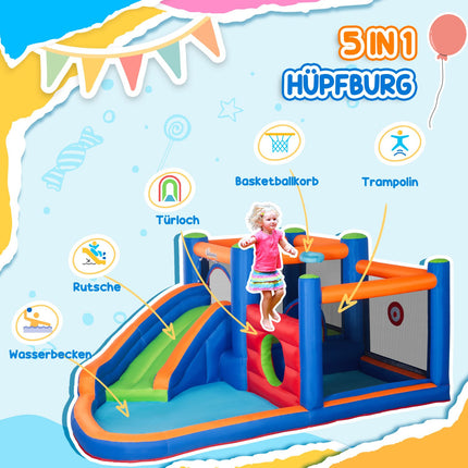 Opblaasbaar Springkasteel Waterpark Met Ventilator Springkasteel Met Waterglijbaan Basketbalring Opblaasbaar Waterspeelcentrum Voor Kinderen Vanaf 3 Jaar Trampoline